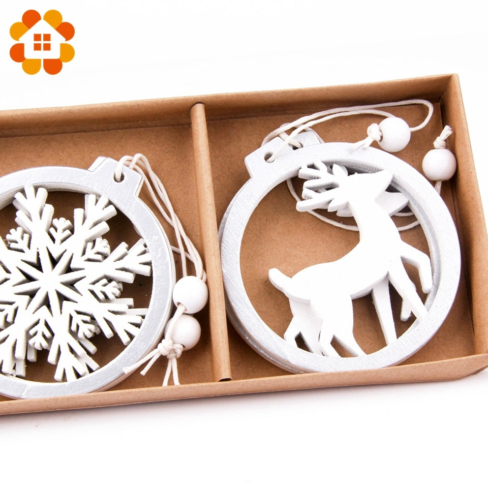 Wooden Christmas Pendants Decorations DIY Silver White Deer Snowflake