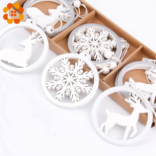 Wooden Christmas Pendants Decorations DIY Silver White Deer Snowflake